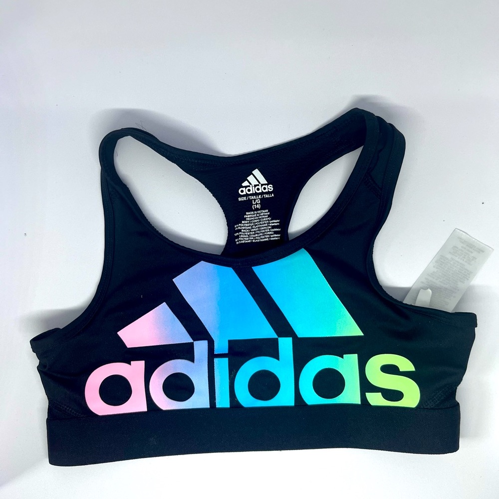 Size L girls sports bra black with rainbow adidas print